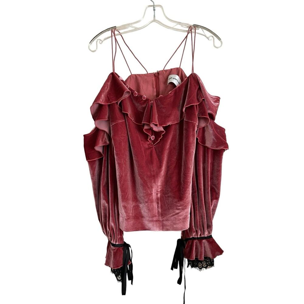 Self-Portrait Pink Velvet Blouse with black lace and bows around cuffs.